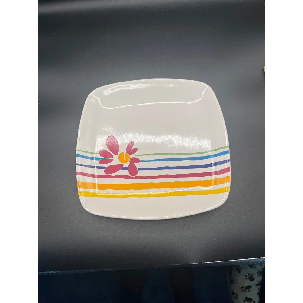 Pfaltzgraff Flourish Square Dinner Plate Flower Stripes 10.5